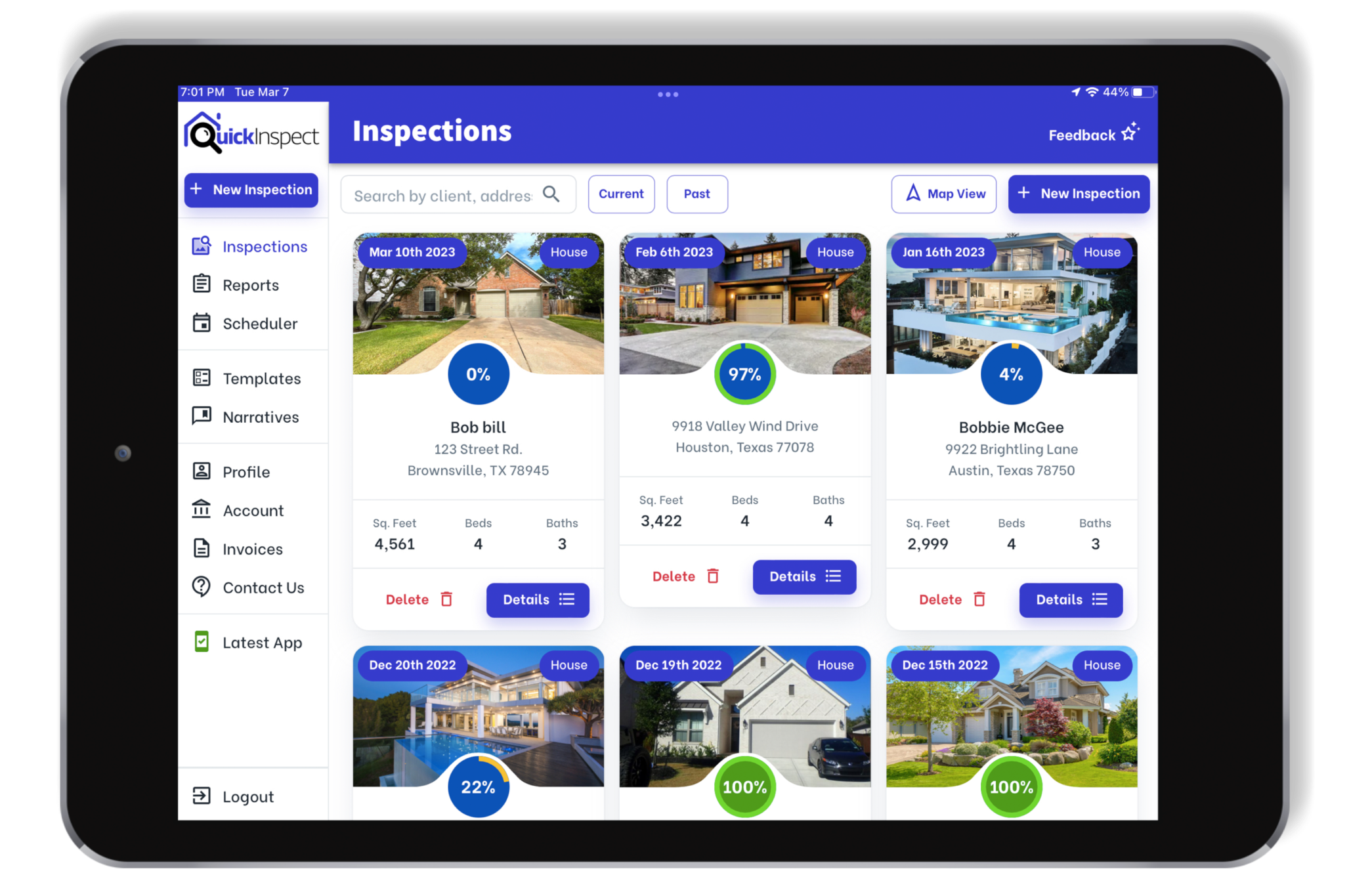 QuickInspect Tablet Dashboard.